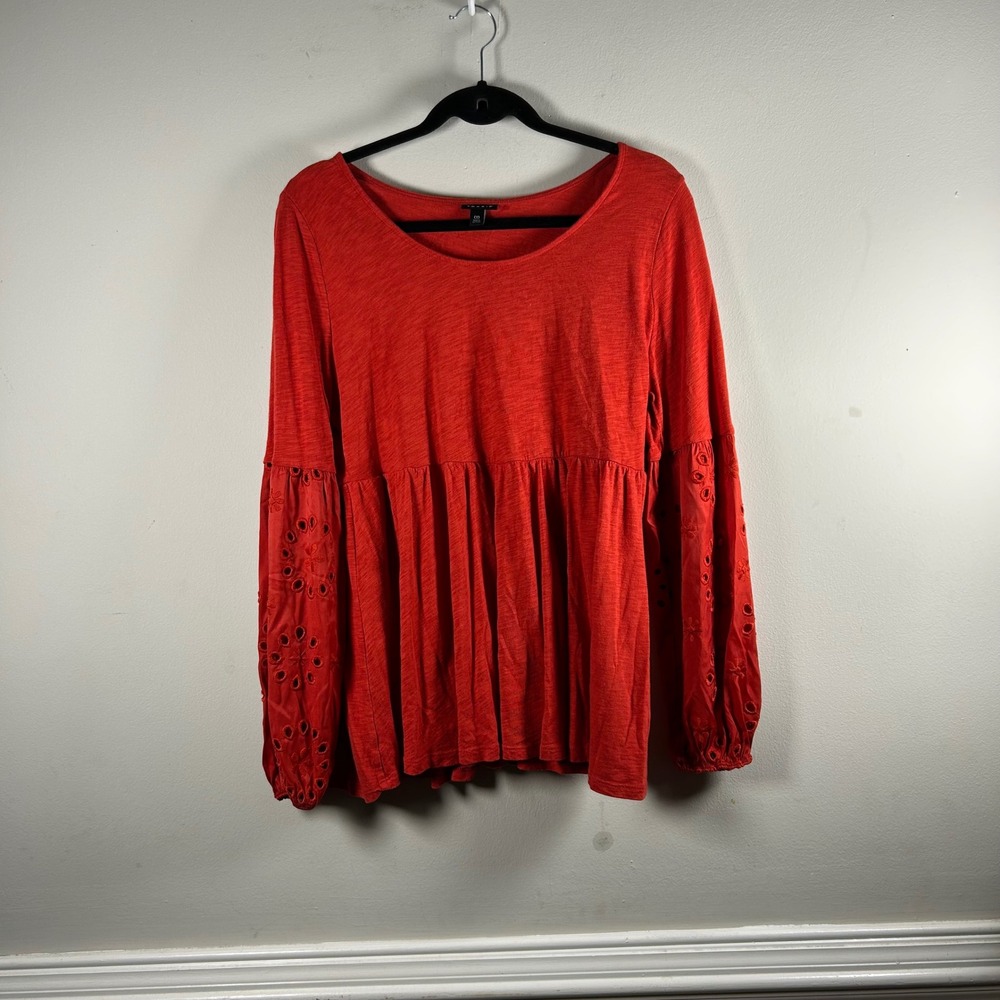 Torrid Babydoll Top Womens 00/ 10 Red Modern Eyelet Sleeve Slub Knit Peplum